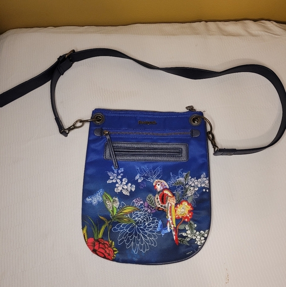 EUC Desigual Embellished Floral Bird Parrot Cross Body Bag - Picture 1 of 9